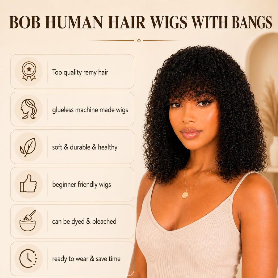 ManeMajesty Kinky Curly Lace Front Bob With Bangs Glueless Wear and Go Human Hair Wig - FT-2608 - B0DJ6PL9W2