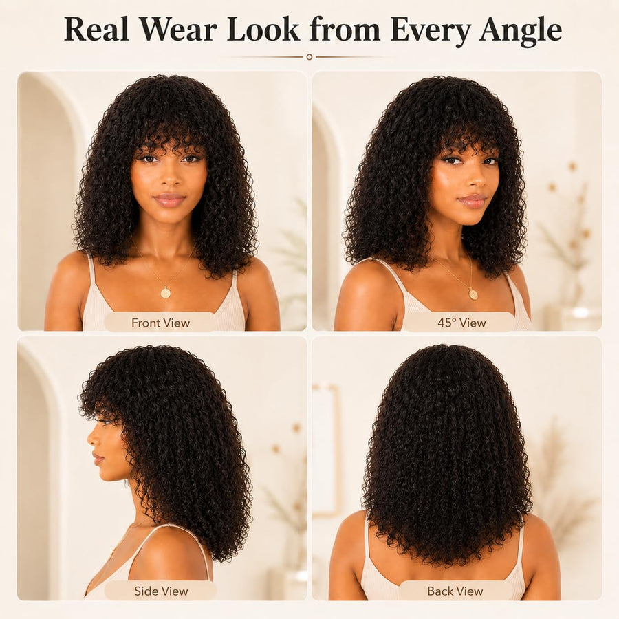 ManeMajesty Kinky Curly Lace Front Bob With Bangs Glueless Wear and Go Human Hair Wig - FT-2608 - B0DJ6PL9W2