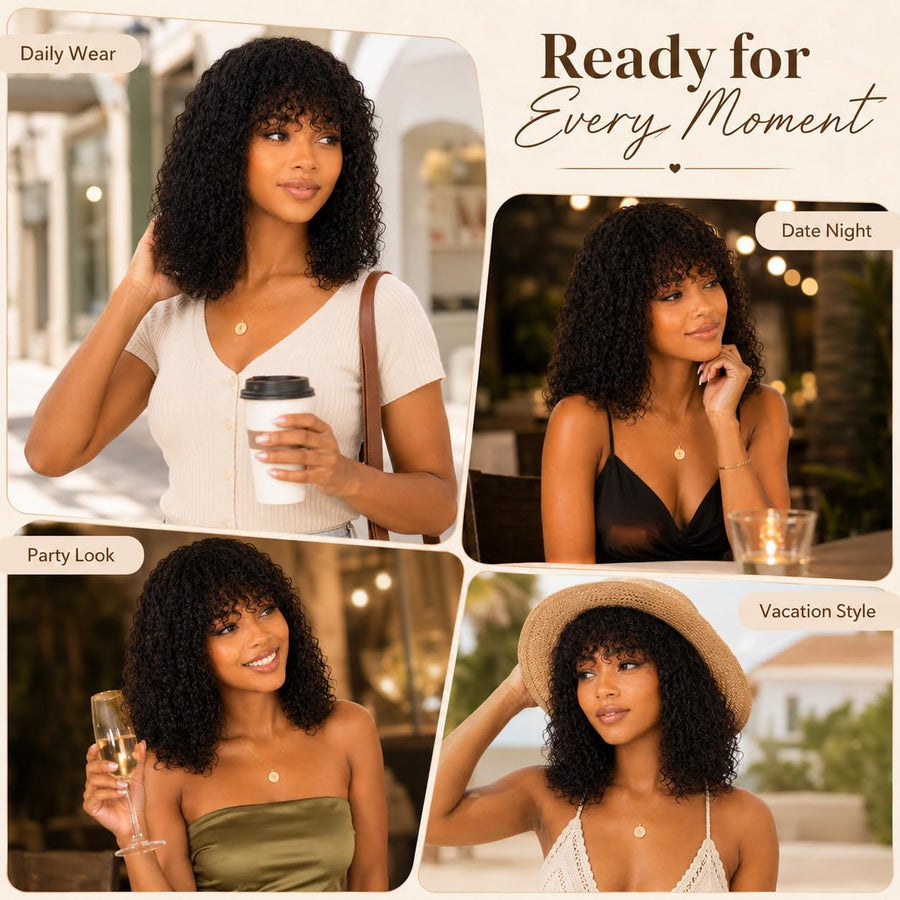 ManeMajesty Kinky Curly Lace Front Bob With Bangs Glueless Wear and Go Human Hair Wig - FT-2608 - B0DJ6PL9W2