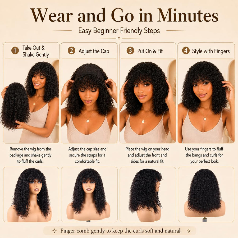 ManeMajesty Kinky Curly Lace Front Bob With Bangs Glueless Wear and Go Human Hair Wig - FT-2608 - B0DJ6PL9W2