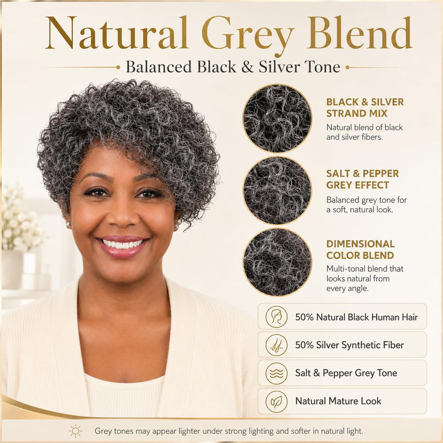 ManeMajesty 8 Inch Jerry Curly Lace Front Bob With Bangs Pixie Cut Glueless Wear and Go Human Hair Wig - FT-1800-Grey - B0DJ8C3B7G
