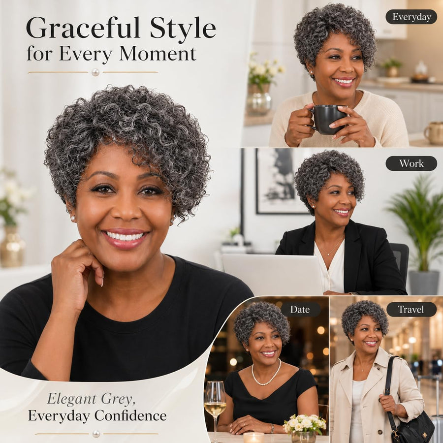 ManeMajesty 8 Inch Jerry Curly Lace Front Bob With Bangs Pixie Cut Glueless Wear and Go Human Hair Wig - FT-1800-Grey - B0DJ8C3B7G