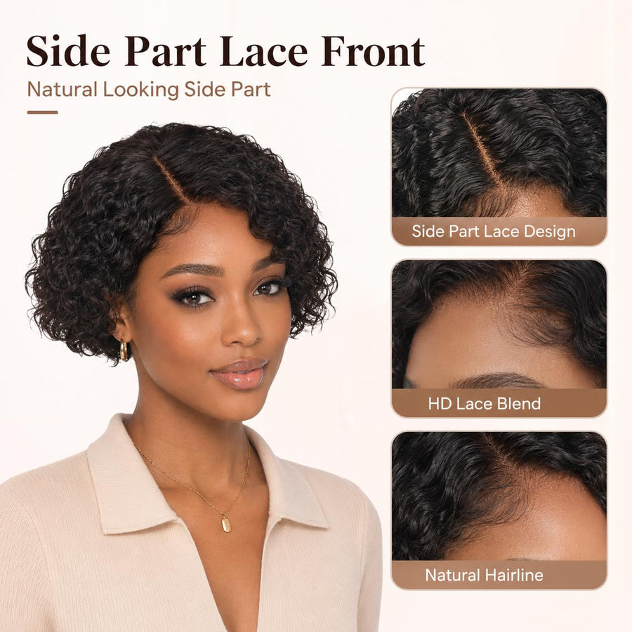 ManeMajesty Curly Lace Front Bob Glueless Wear and Go Human Hair Wig - FT-2083A-2S - B0DK2SXN42