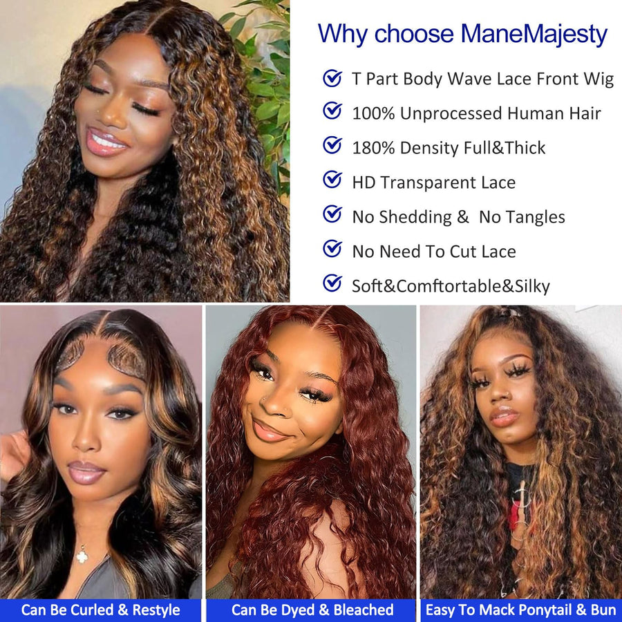ManeMajesty Wet and Wavy T Part Lace Front Glueless Wear and Go Human Hair Wig - FT-2212-FS1B/30 - B0DMVG5TDZ
