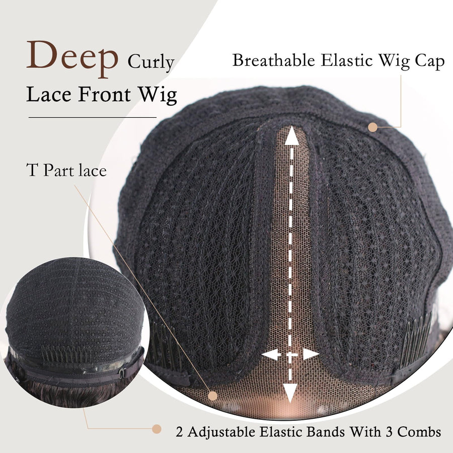 ManeMajesty Deep Curly 13x4 T Part Lace Front Glueless Human Hair Wig - FT--2211D-1 - B0DP6J65XY