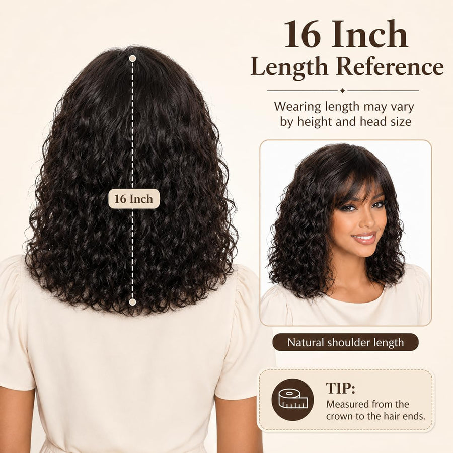 ManeMajesty 16 Inch Wet and Wavy Non-Lace With Bangs Glueless Wear and Go Human Hair Wig - FT-2068M-NATURAL - B0DT45TKKJ