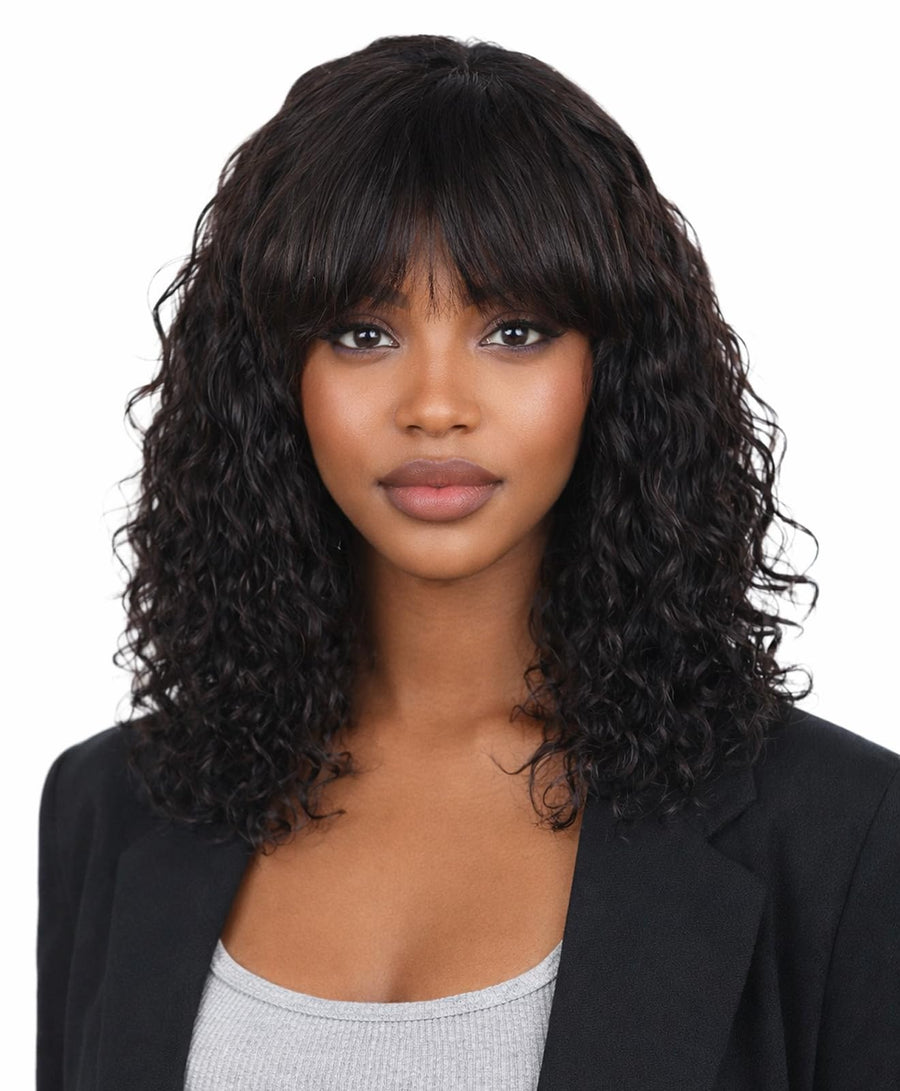 ManeMajesty 16 Inch Wet and Wavy Non-Lace With Bangs Glueless Wear and Go Human Hair Wig - FT-2068M-NATURAL BK - B0DT47TS3S
