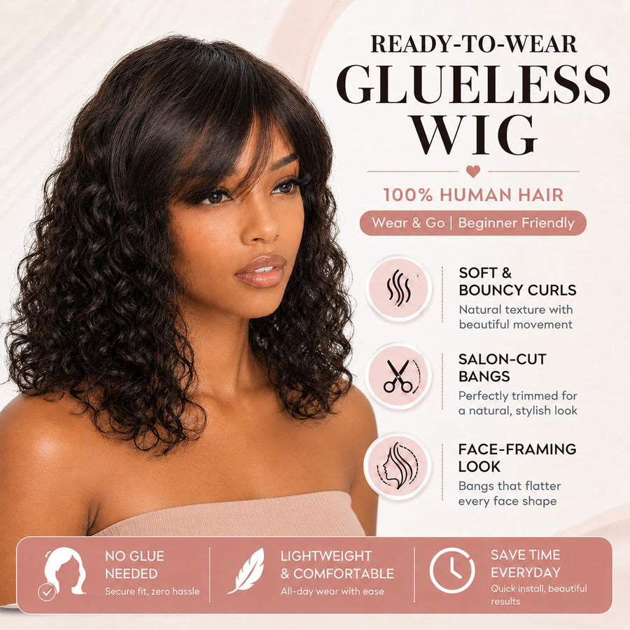 ManeMajesty 16 Inch Wet and Wavy Non-Lace With Bangs Glueless Wear and Go Human Hair Wig - FT-2068M-NATURAL BK - B0DT47TS3S