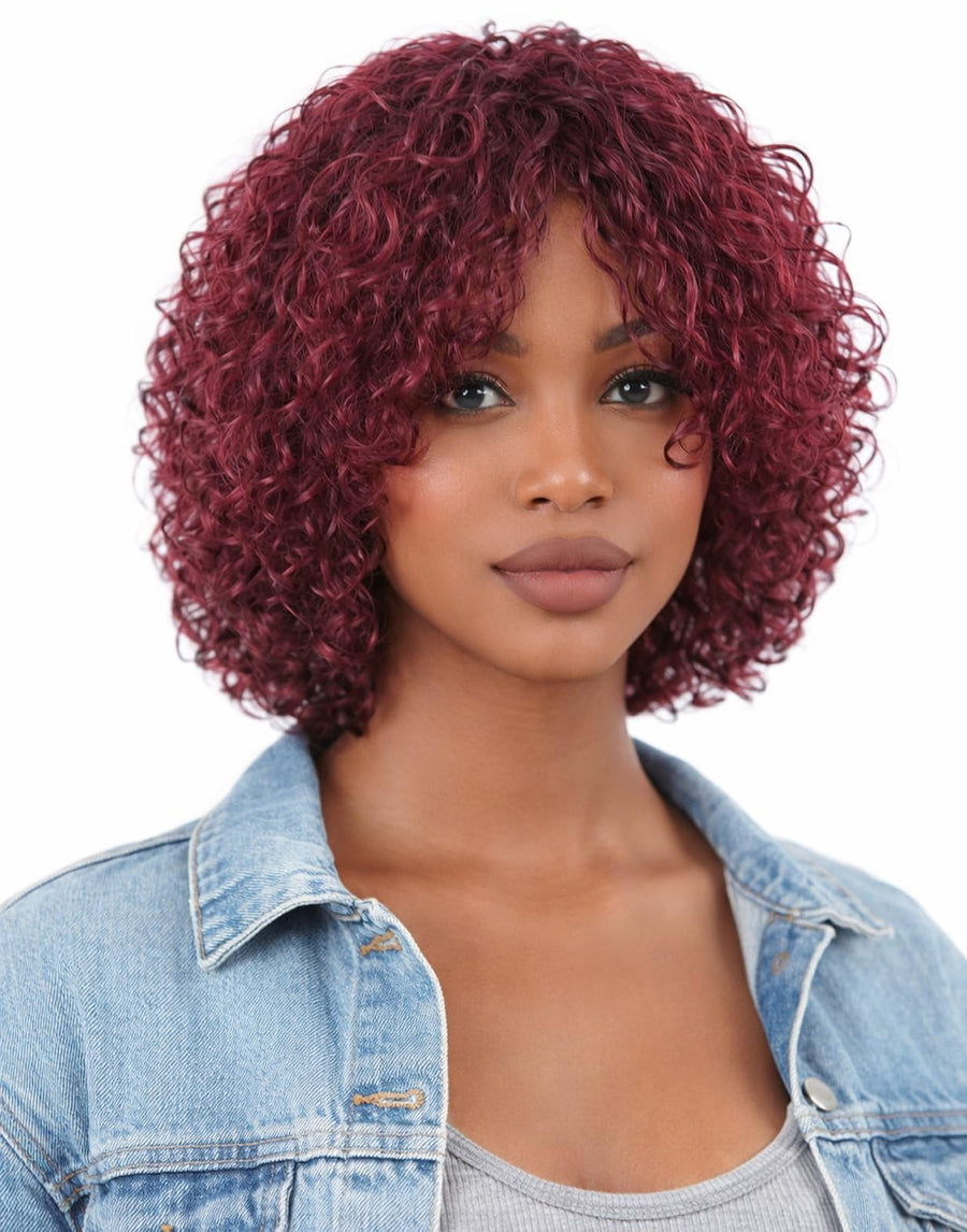 ManeMajesty 10 Inch Curly Lace Front Bob With Bangs Glueless Wear and Go Human Hair Wig - FT-1555-99J - B0DT48B1HF