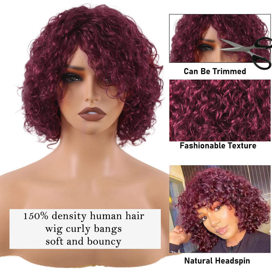 ManeMajesty 10 Inch Curly Lace Front Bob With Bangs Glueless Wear and Go Human Hair Wig - FT-1555-99J - B0DT48B1HF