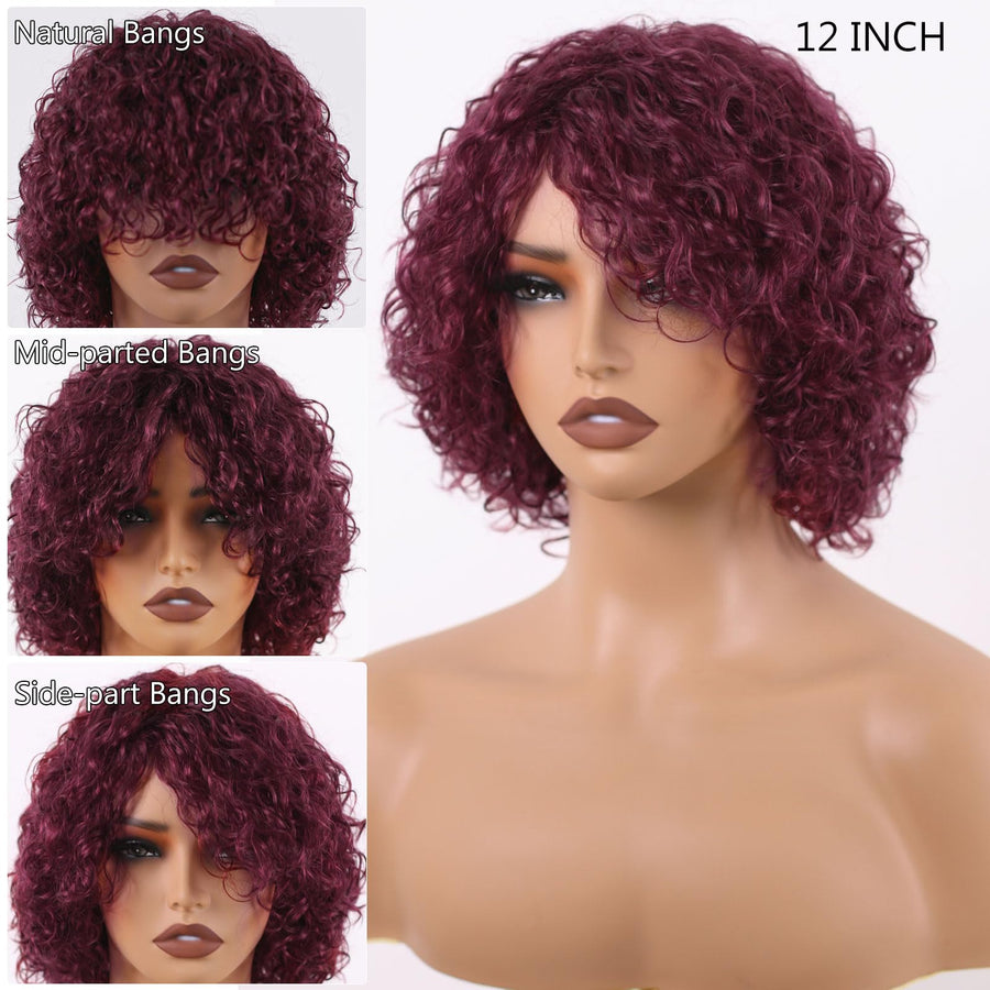ManeMajesty 10 Inch Curly Lace Front Bob With Bangs Glueless Wear and Go Human Hair Wig - FT-1555-99J - B0DT48B1HF