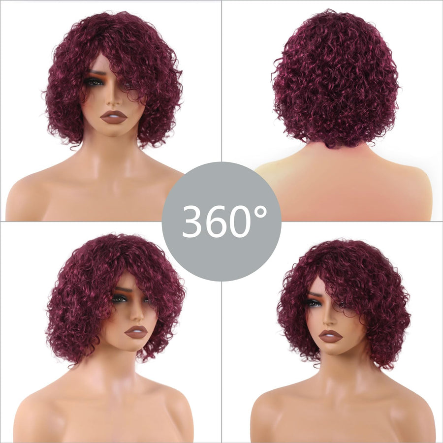 ManeMajesty 10 Inch Curly Lace Front Bob With Bangs Glueless Wear and Go Human Hair Wig - FT-1555-99J - B0DT48B1HF