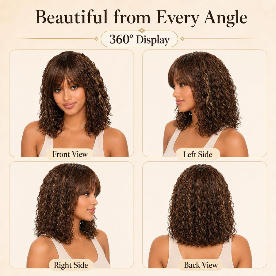 ManeMajesty 16 Inch Wet and Wavy Non-Lace With Bangs Glueless Wear and Go Human Hair Wig - FT-2068M-FS4/27 - B0DT48G2V4