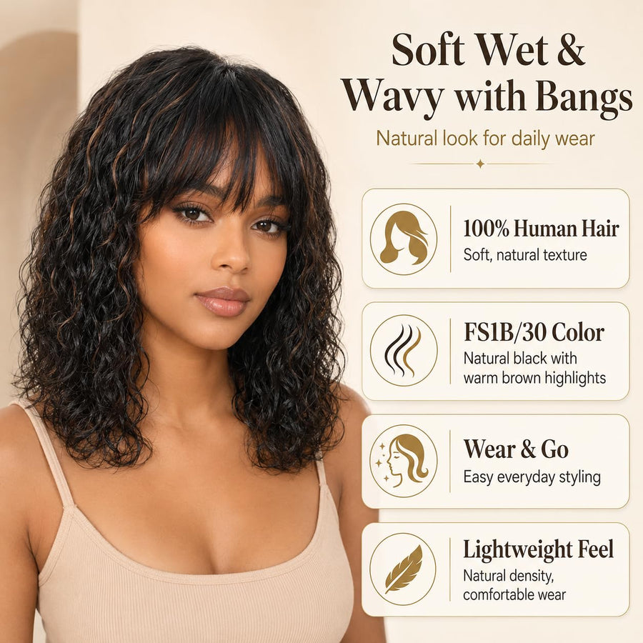 ManeMajesty 16 Inch Wet and Wavy Non-Lace With Bangs Glueless Wear and Go Human Hair Wig - FT-2068M-FS1B/30 - B0DT48PHK2