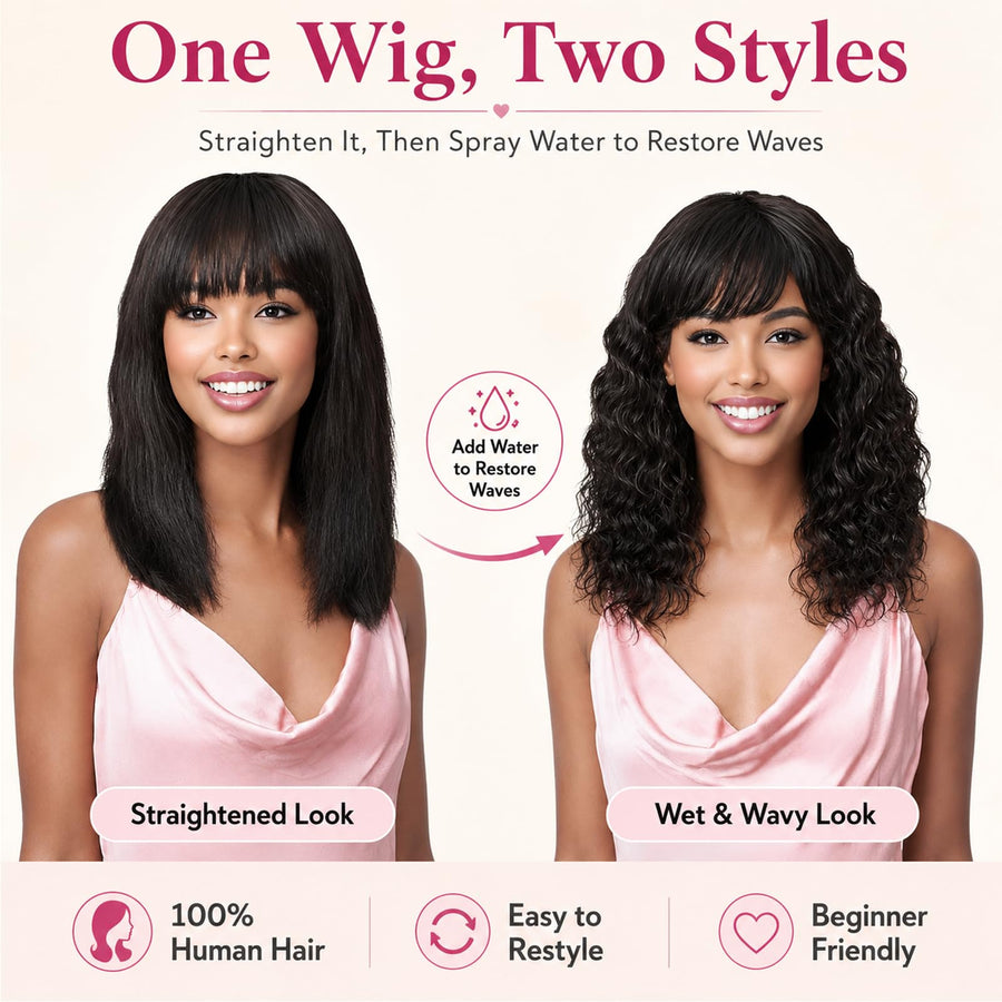 ManeMajesty 16 Inch Wet and Wavy Non-Lace With Bangs Glueless Wear and Go Human Hair Wig - FT-2068M-FS1B/30 - B0DT48PHK2
