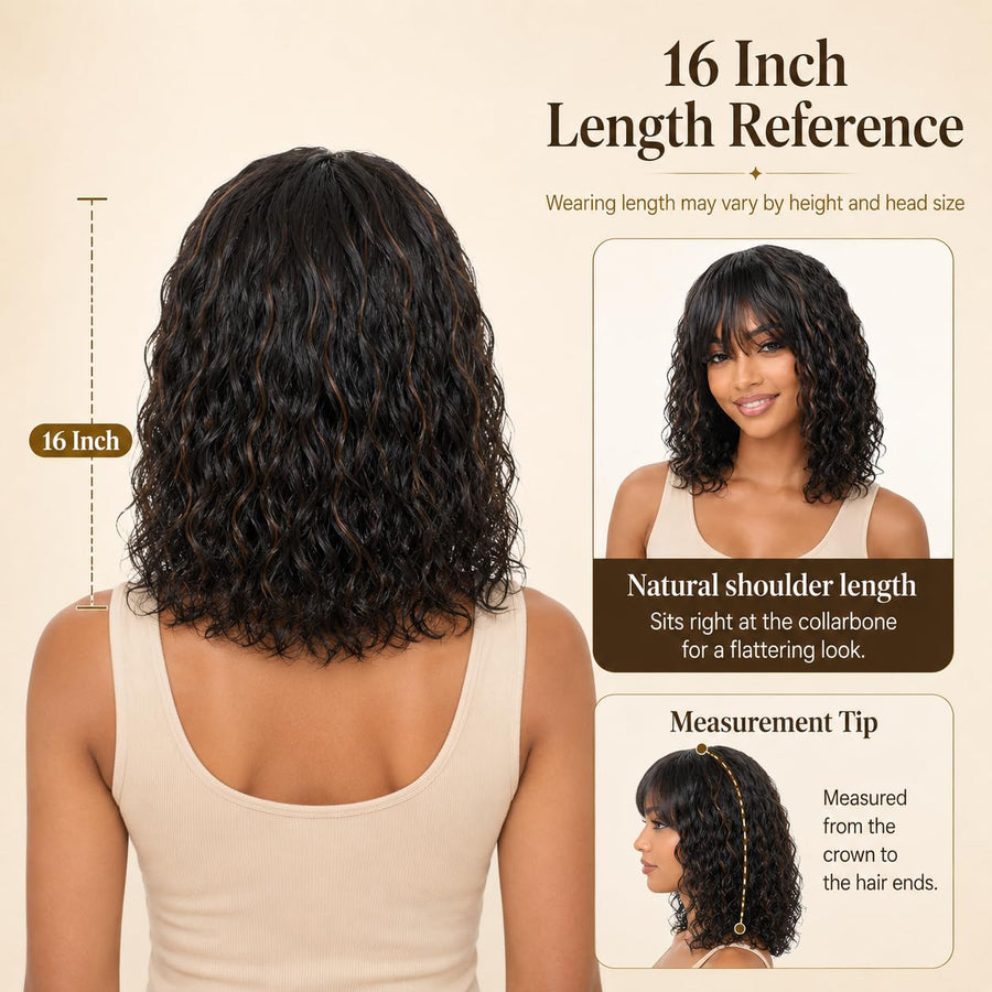 ManeMajesty 16 Inch Wet and Wavy Non-Lace With Bangs Glueless Wear and Go Human Hair Wig - FT-2068M-FS1B/30 - B0DT48PHK2