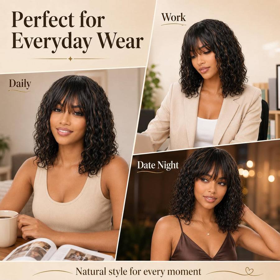 ManeMajesty 16 Inch Wet and Wavy Non-Lace With Bangs Glueless Wear and Go Human Hair Wig - FT-2068M-FS1B/30 - B0DT48PHK2