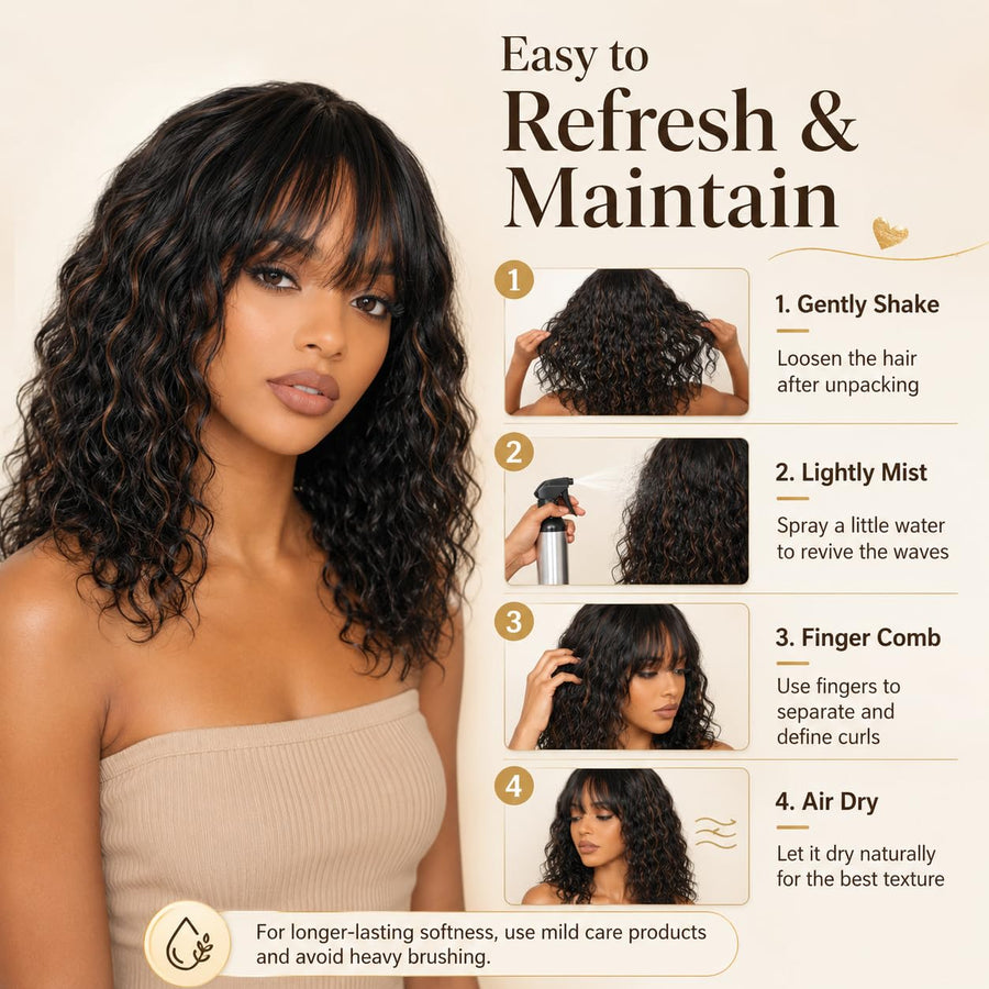 ManeMajesty 16 Inch Wet and Wavy Non-Lace With Bangs Glueless Wear and Go Human Hair Wig - FT-2068M-FS1B/30 - B0DT48PHK2