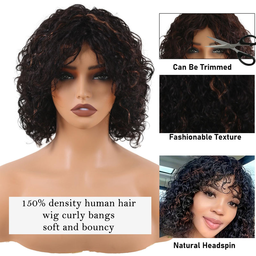 ManeMajesty 10 Inch Curly Lace Front Bob With Bangs Glueless Wear and Go Human Hair Wig - FT-1555-FS1B/30 - B0DT49WRCH