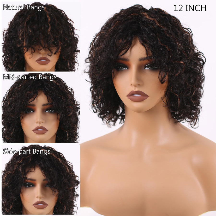 ManeMajesty 10 Inch Curly Lace Front Bob With Bangs Glueless Wear and Go Human Hair Wig - FT-1555-FS1B/30 - B0DT49WRCH