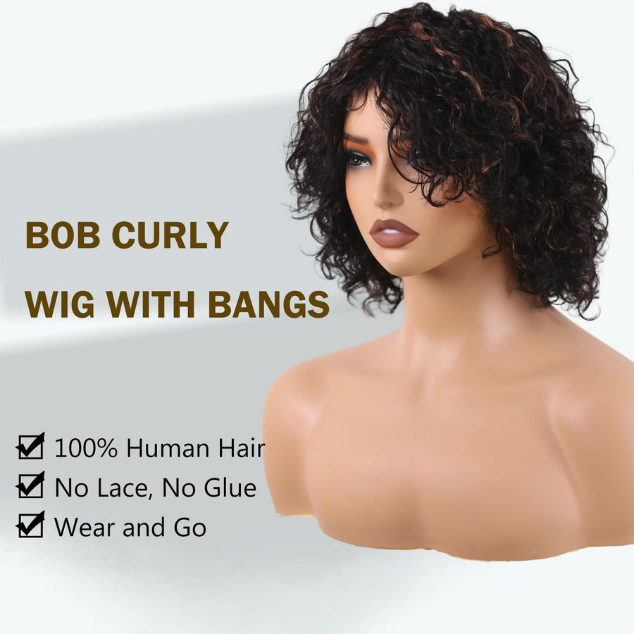 ManeMajesty 10 Inch Curly Lace Front Bob With Bangs Glueless Wear and Go Human Hair Wig - FT-1555-FS1B/30 - B0DT49WRCH