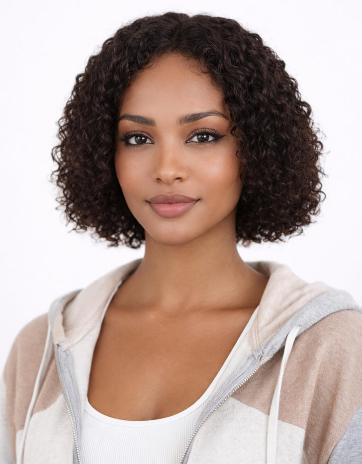 ManeMajesty 8 Inch Kinky Curly T Part Lace Front Bob Glueless Human Hair Wig