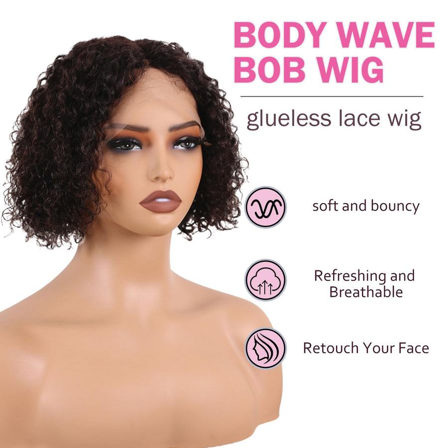 ManeMajesty 8 Inch Kinky Curly T Part Lace Front Bob Glueless Human Hair Wig - FT-1965M-N - B0F1XK8P71