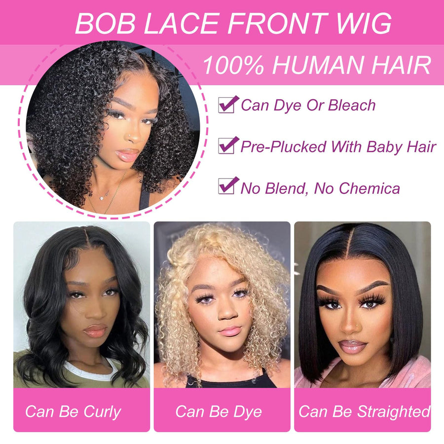 ManeMajesty 8 Inch Kinky Curly T Part Lace Front Bob Glueless Human Hair Wig - FT-1965M-N - B0F1XK8P71