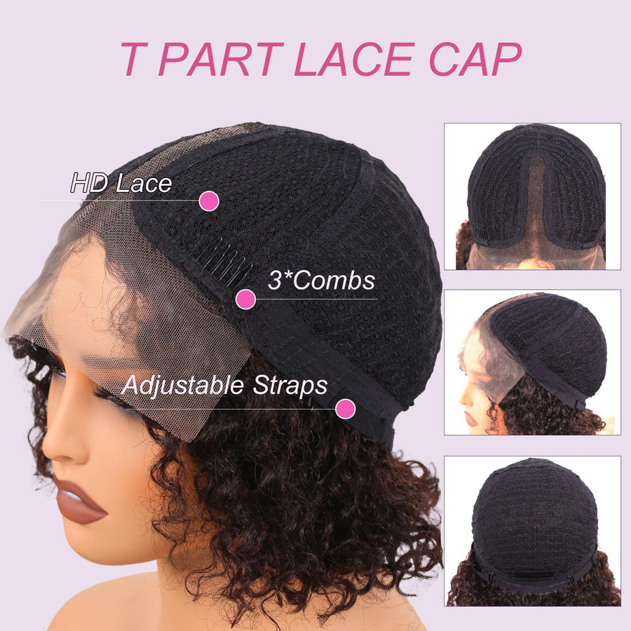 ManeMajesty 8 Inch Kinky Curly T Part Lace Front Bob Glueless Human Hair Wig - FT-1965M-N - B0F1XK8P71