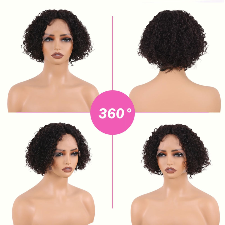 ManeMajesty 8 Inch Kinky Curly T Part Lace Front Bob Glueless Human Hair Wig - FT-1965M-NK - B0F1XQ7HJX