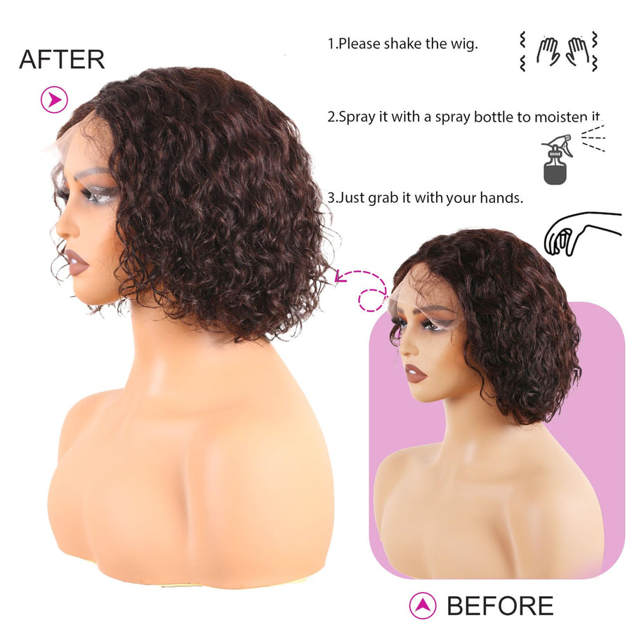 ManeMajesty 8 Inch Kinky Curly T Part Lace Front Bob Glueless Human Hair Wig - FT-1965M-NK - B0F1XQ7HJX