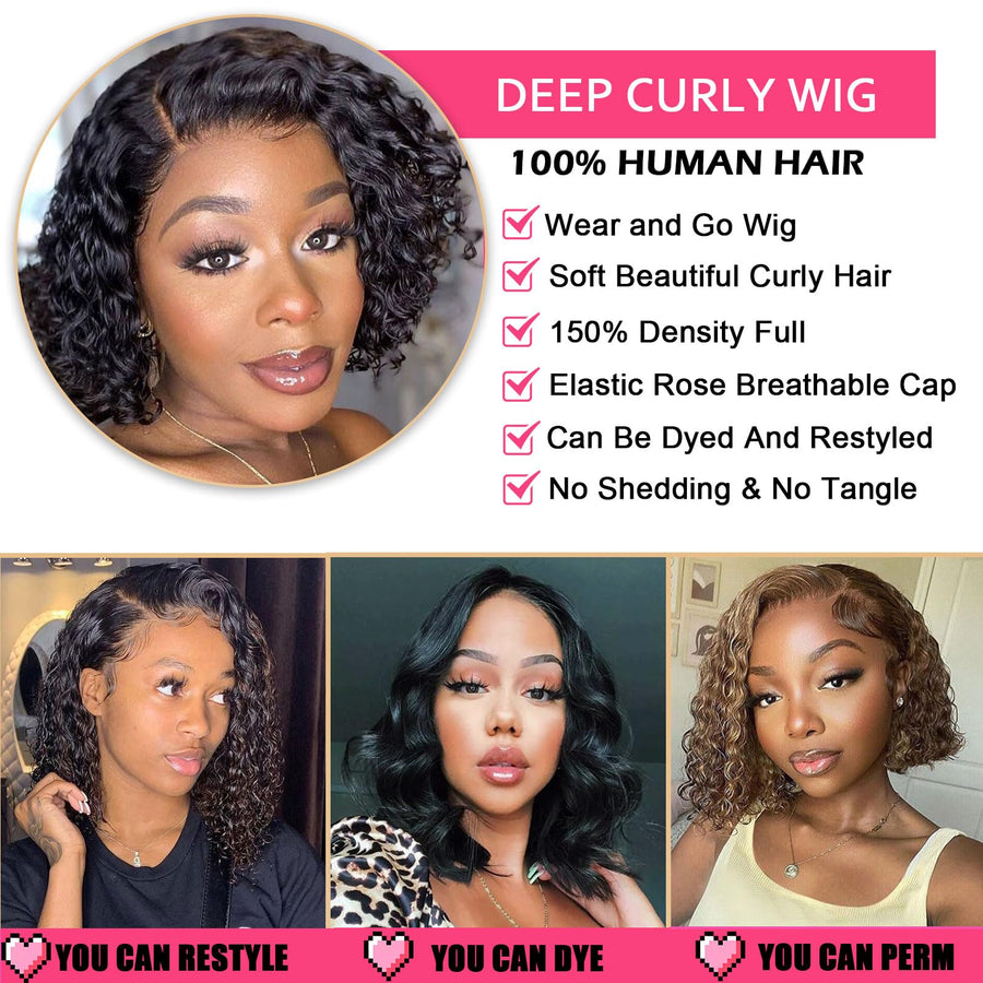 ManeMajesty 8 Inch Deep Curly Lace Front Bob Glueless Wear and Go Human Hair Wig - FT-1930B-#27 - B0F28DWYQ5