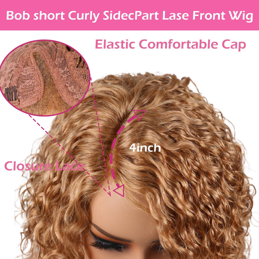 ManeMajesty 8 Inch Deep Curly Lace Front Bob Glueless Wear and Go Human Hair Wig - FT-1930B-#27 - B0F28DWYQ5