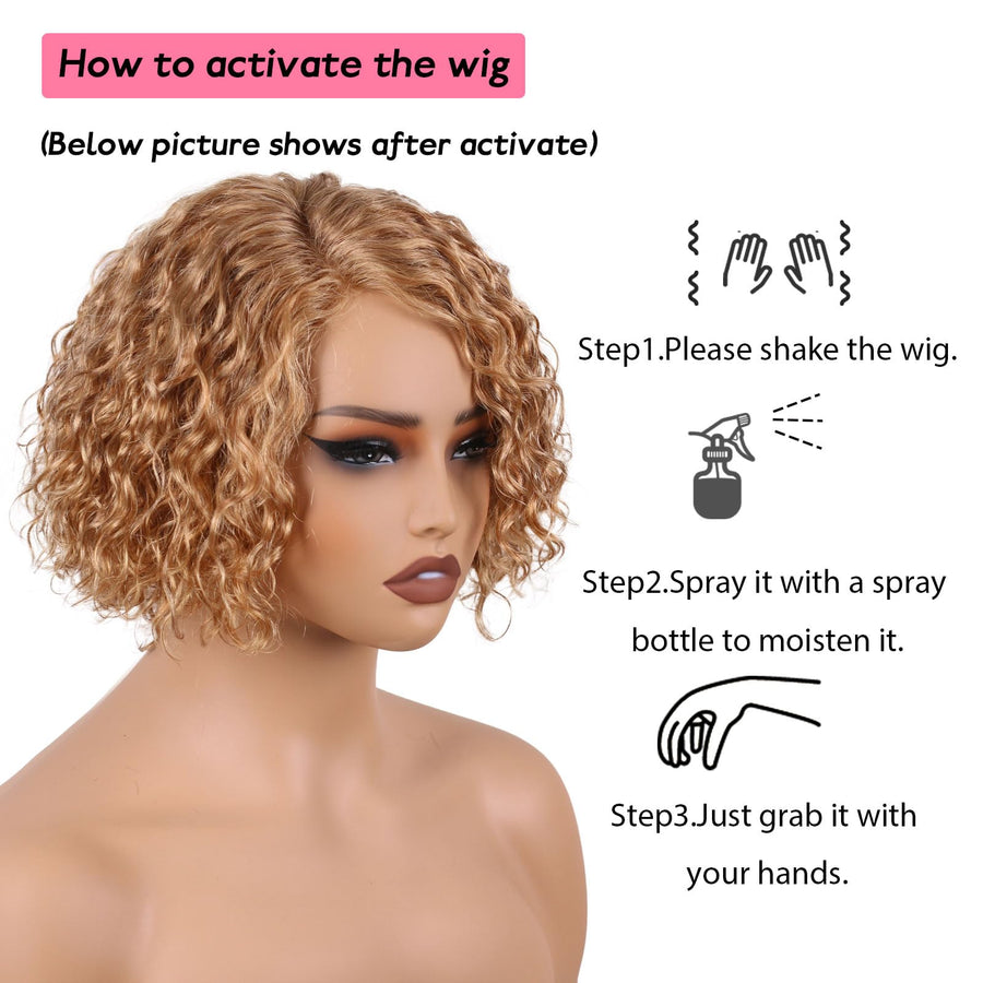 ManeMajesty 8 Inch Deep Curly Lace Front Bob Glueless Wear and Go Human Hair Wig - FT-1930B-#27 - B0F28DWYQ5