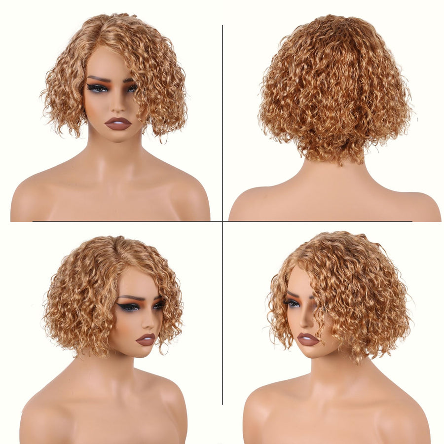 ManeMajesty 8 Inch Deep Curly Lace Front Bob Glueless Wear and Go Human Hair Wig - FT-1930B-#27 - B0F28DWYQ5
