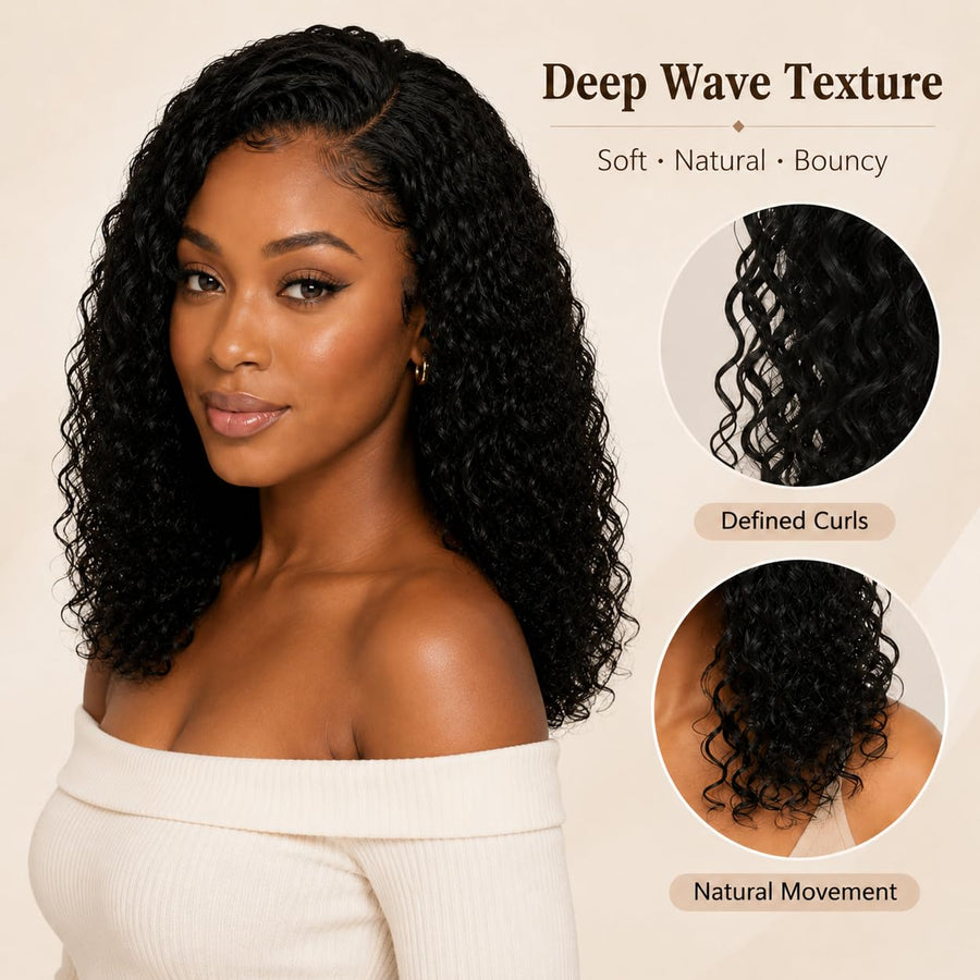ManeMajesty Deep Wave Lace Front Glueless Human Hair Wig - FT-2590C-Natural BK - B0F28J7MXD