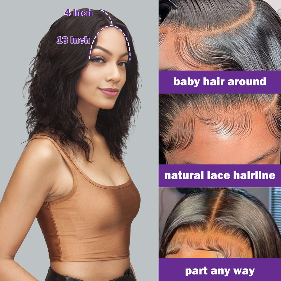 ManeMajesty 16 Inch Water Wave 13x4 Lace Front Glueless Wear and Go Human Hair Wig - FT-1862-N - B0F28JXJSJ