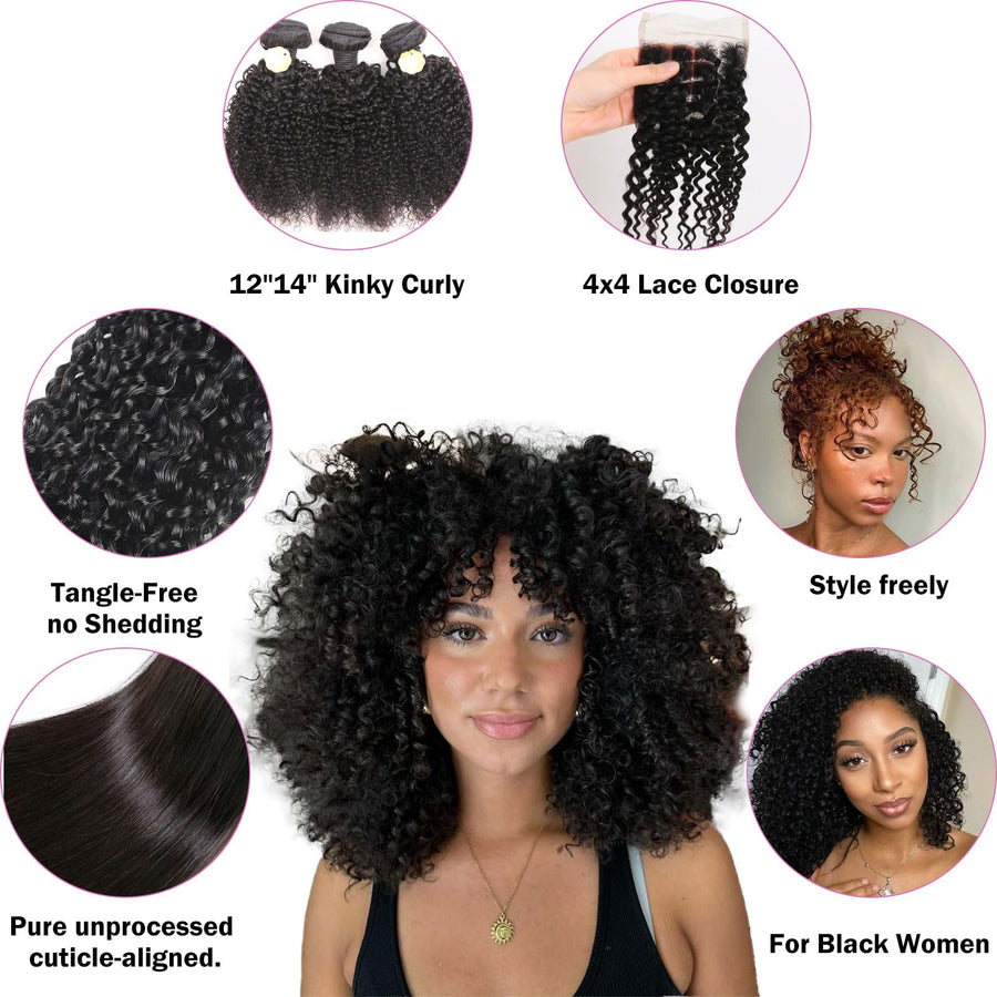 ManeMajesty Kinky Curly Brazilian Human Hair Bundles - KC-12"*3+C - B0F7LPX99W