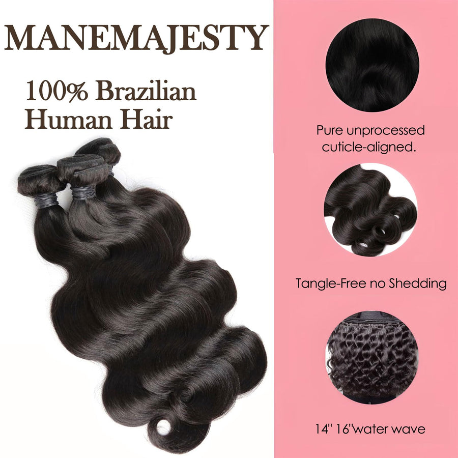ManeMajesty Water Wave Brazilian Human Hair Bundles - 5C-16"*3+C - B0F7LR9RYY