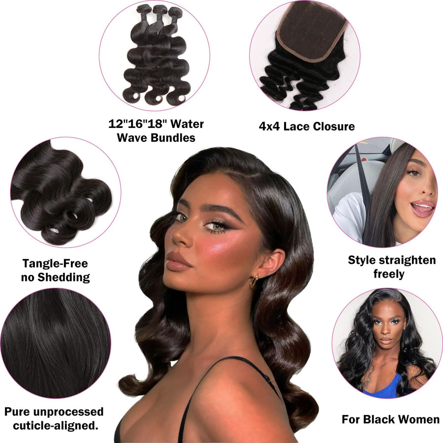 ManeMajesty Water Wave Brazilian Human Hair Bundles - 5C-16"*3+C - B0F7LR9RYY