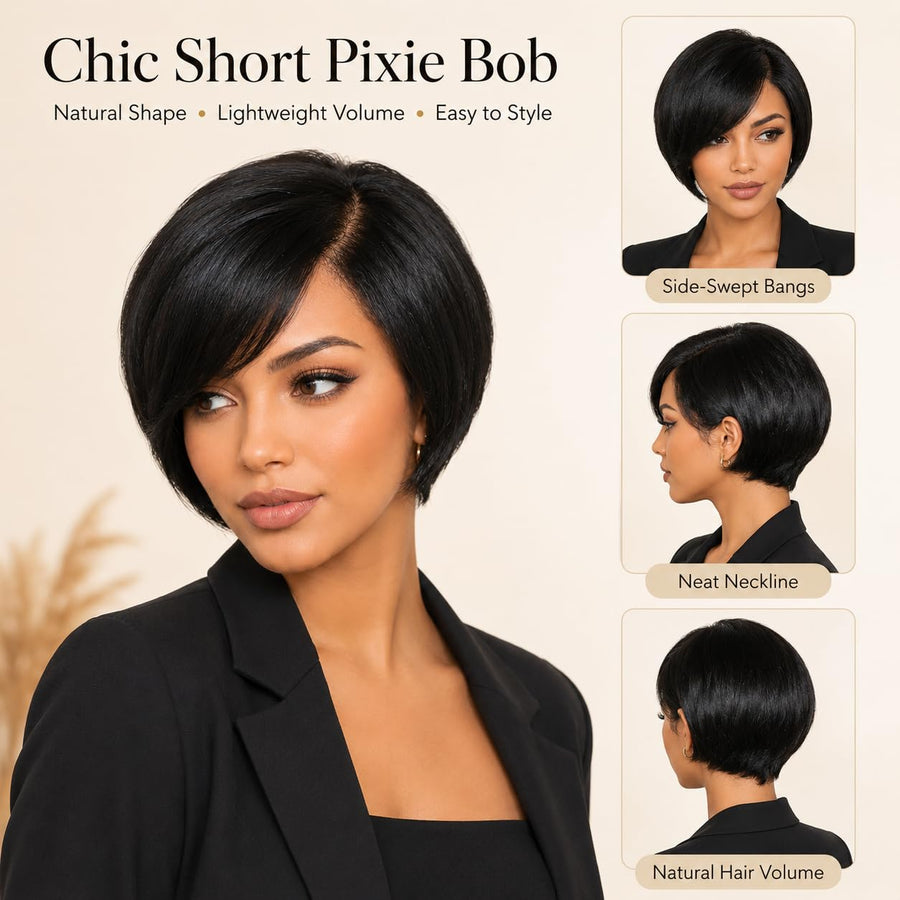 ManeMajesty Straight Lace Front Bob Pixie Cut Glueless Wear and Go Human Hair Wig - FT-2691 - B0F9T9WSTY
