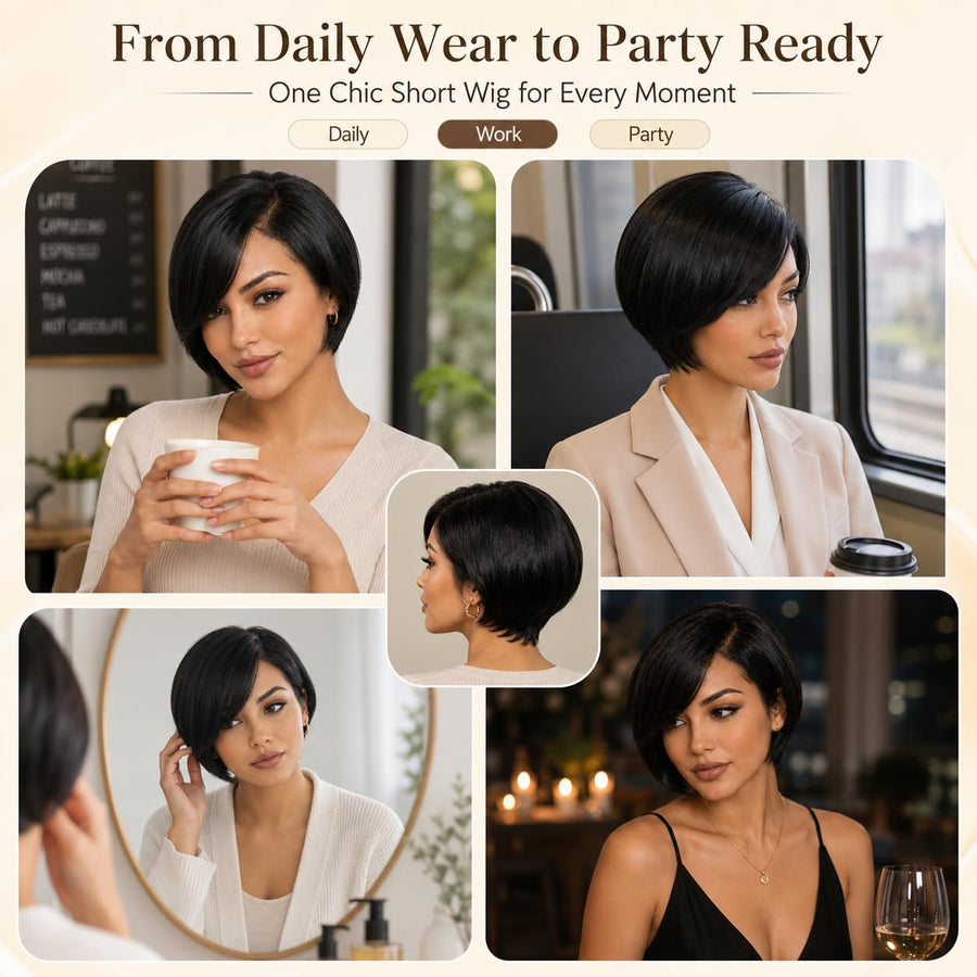 ManeMajesty Straight Lace Front Bob Pixie Cut Glueless Wear and Go Human Hair Wig - FT-2691 - B0F9T9WSTY
