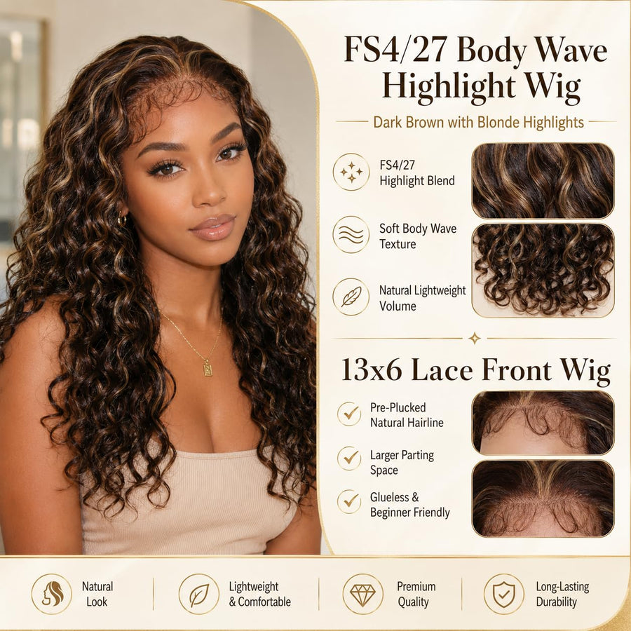 ManeMajesty Body Wave 13x6 Lace Front Glueless Human Hair Wig - FT-2072-FS4/27 - B0FFT669NL