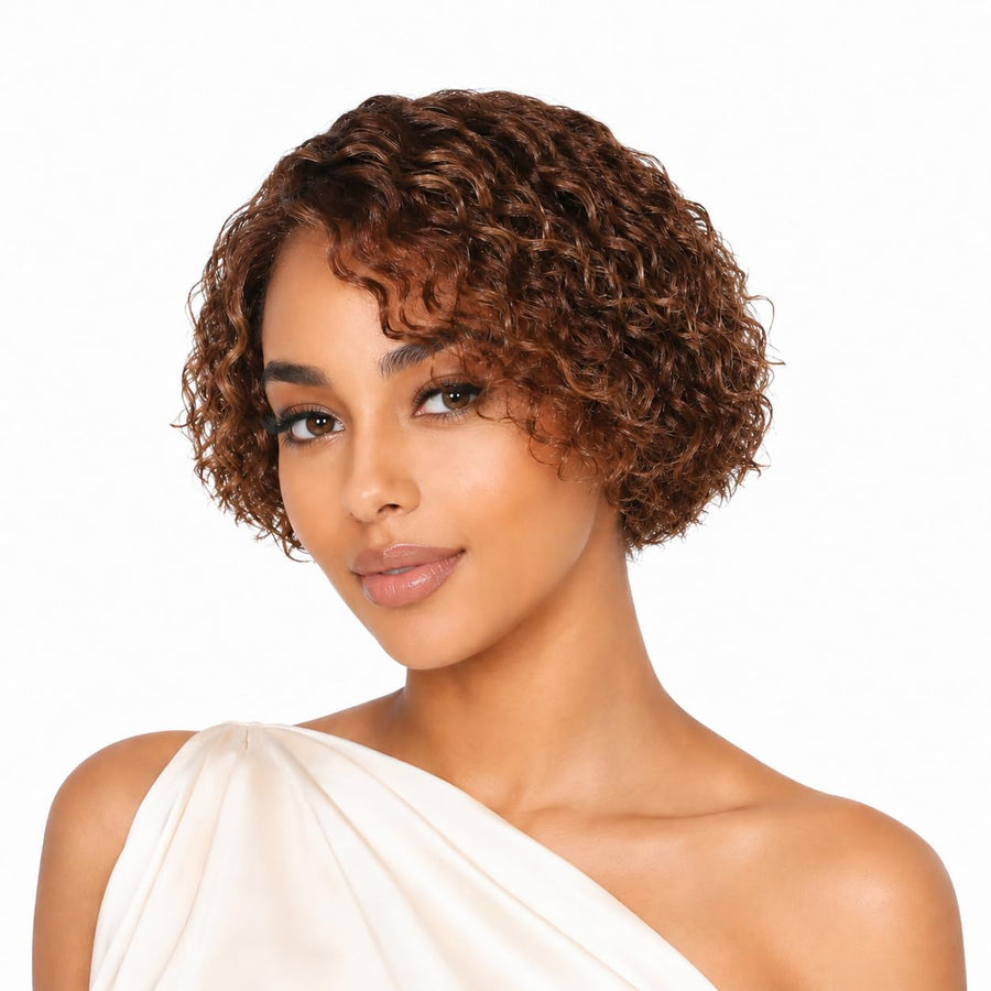 ManeMajesty 8 Inch Deep Curly Lace Front Bob Glueless Wear and Go Human Hair Wig - FT-1930-F27/4/30 - B0FLXSYRP7
