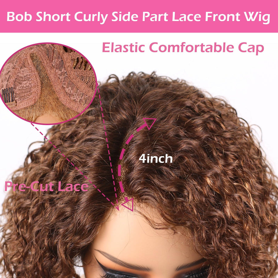 ManeMajesty 8 Inch Deep Curly Lace Front Bob Glueless Wear and Go Human Hair Wig - FT-1930-F27/4/30 - B0FLXSYRP7