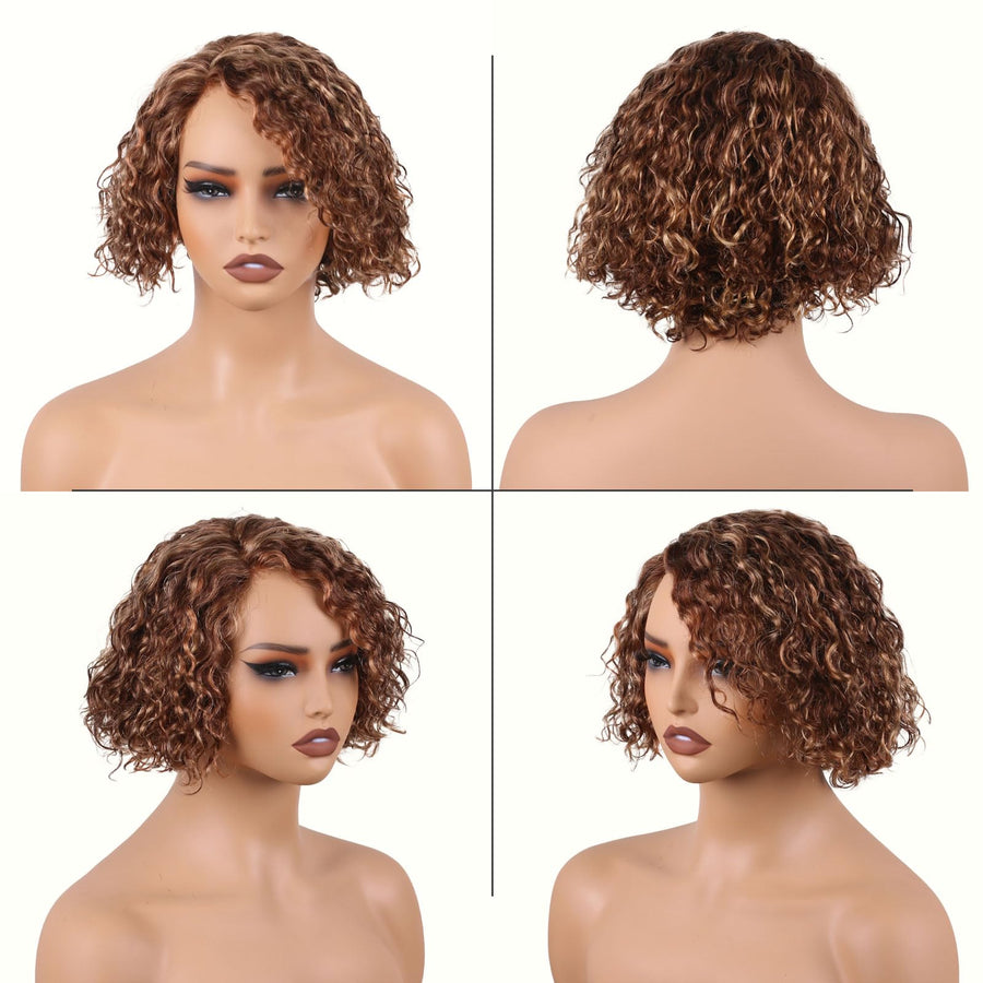 ManeMajesty 8 Inch Deep Curly Lace Front Bob Glueless Wear and Go Human Hair Wig - FT-1930-F27/4/30 - B0FLXSYRP7