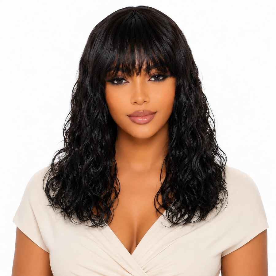 ManeMajesty Body Wave With Bangs Human Hair Wig - FT-1229MC-NA - B0G2XMVYV8