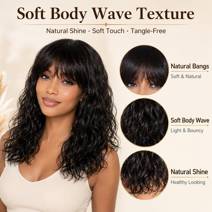 ManeMajesty Body Wave With Bangs Human Hair Wig - FT-1229MC-NA - B0G2XMVYV8