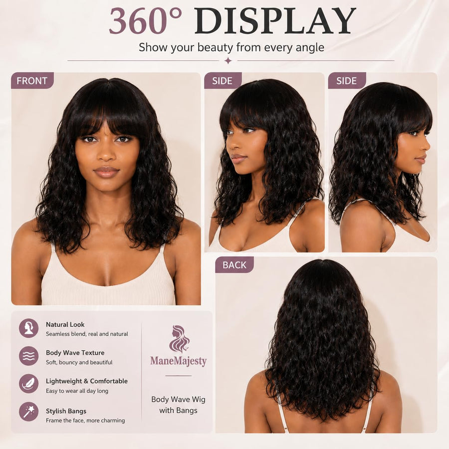 ManeMajesty Body Wave With Bangs Human Hair Wig - FT-1229MC-NA - B0G2XMVYV8