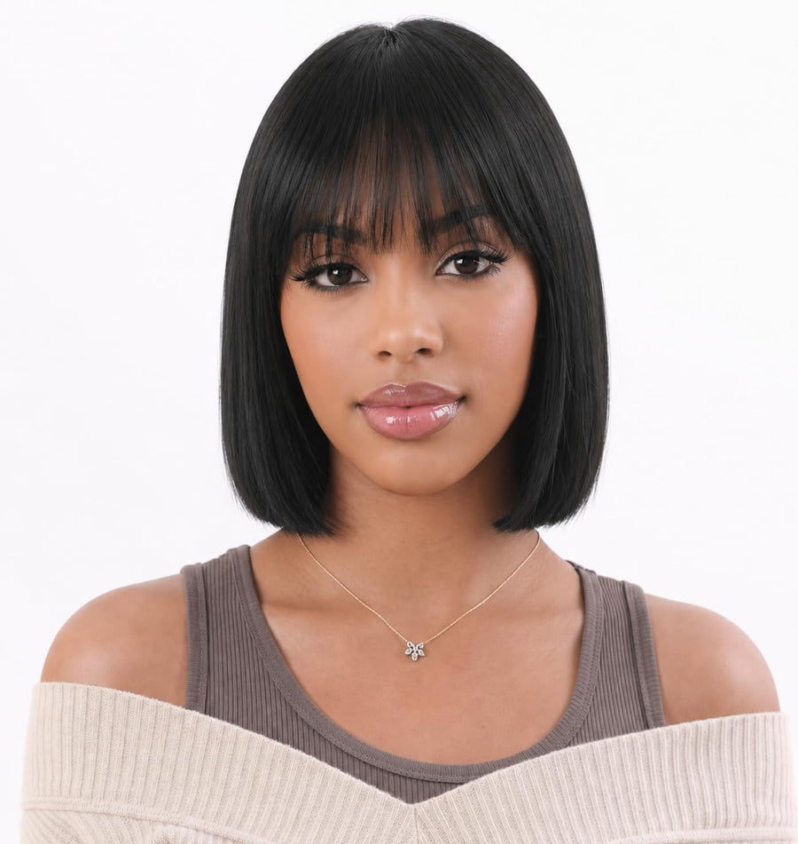 ManeMajesty 12 Inch Straight Lace Front Bob With Bangs Glueless Human Hair Wig - FT-1580M-1 - B0GT7WY45K